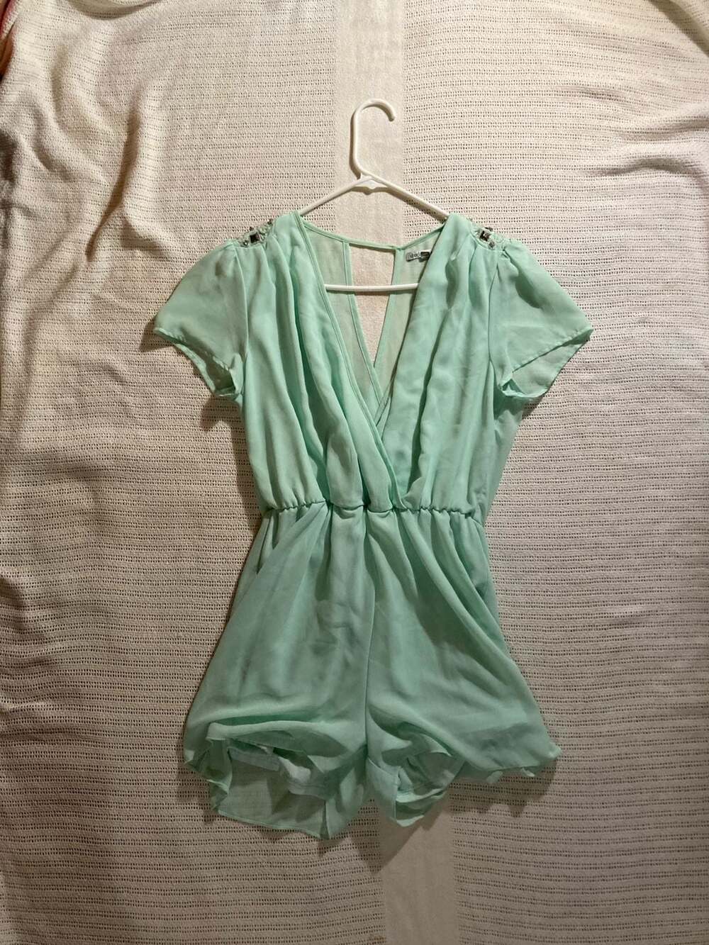 Charlotte Russe Mint Green Ruffle Romper with Beaded Shoulders
